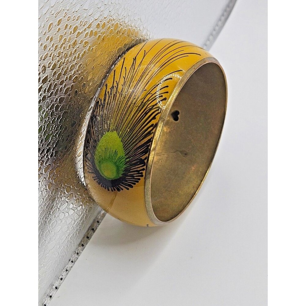 1980s Vintage Gold Enamel Peacock Design Brass Tone Bangle with engraved hearts